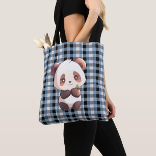 Tote Bag Panda à carreaux bleus