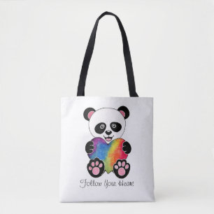 Tote Bag Panda Aquarelle Cute Avec Coeur Arc En Ciel