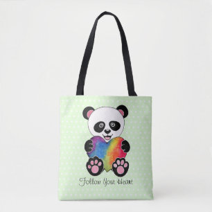 Tote Bag Panda Aquarelle Cute Avec Coeur Arc En Ciel