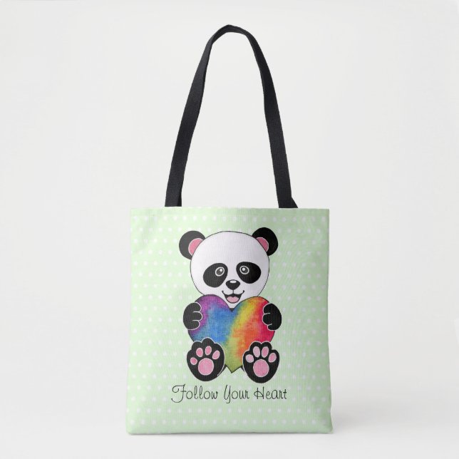 Tote Bag Panda Aquarelle Cute Avec Coeur Arc En Ciel (Devant)
