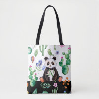 Panda Cute Avec Oiseau Vert Et Motif Cactus