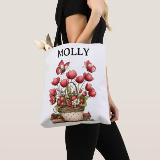 Tote Bag Panier de Fleurs à la Fraise avec Papillons et Nom