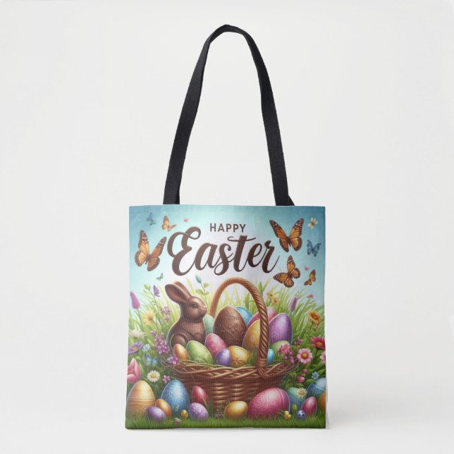 Tote Bag Panier de Pâques coloré, Joyeux avec oeufs (Devant)