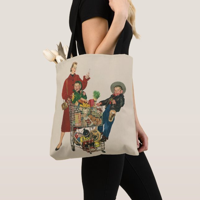 Tote Bag Panier d'épicerie Retro Family, Mom and Kids (De près)