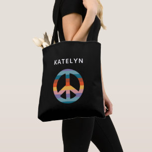 Tote Bag Panneau de Paix Arc-en-Ciel Retro Nom personnalisé