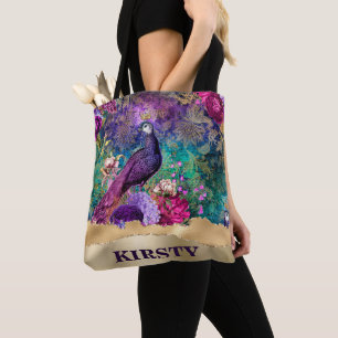 Tote Bag Paon et fleurs illustrés vintage grunge
