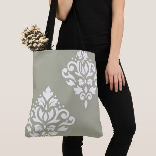 Tote Bag Papier Damassé à Motif de Rinceaux I Blanc sur Ver