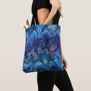 TOTE BAG PAPIER MARBÉ, MOTIF ABSTRAIT BLEU PEACOCK, EAUX