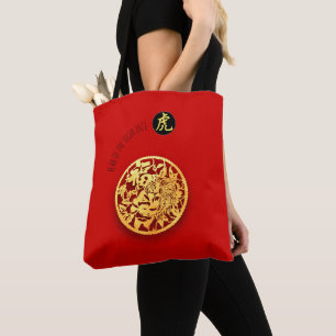 Tote Bag Papier rouge Golden Tiger coupé Nouvel An chinois 