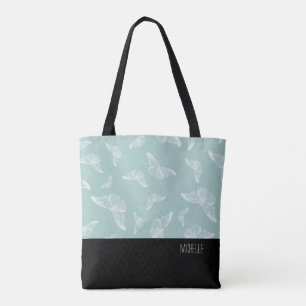 Tote Bag Papillon blanc pâle Noir fond avec nom