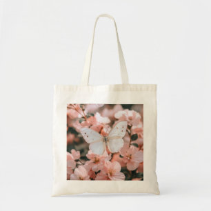 Tote Bag Papillon Blanc Rêveur sur des Fleurs Roses Tendres