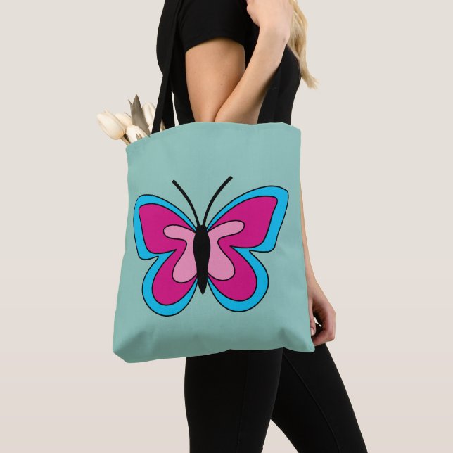 Tote Bag Papillon bleu magenta rose (De près)