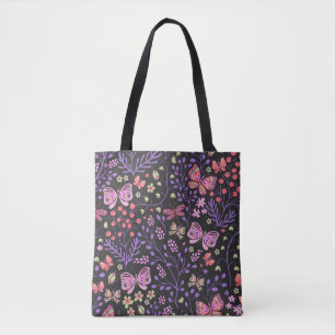 Tote Bag Papillon coloré et Fleurs Rose mignon