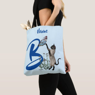 Tote Bag Papillon de chat siamois Monogramme Initiale B Nom