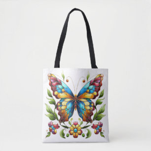 Tote Bag Papillon en vitrail coloré avec fleurs