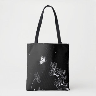 Tote Bag Papillon noir et blanc et fleurs à l'art nocturne