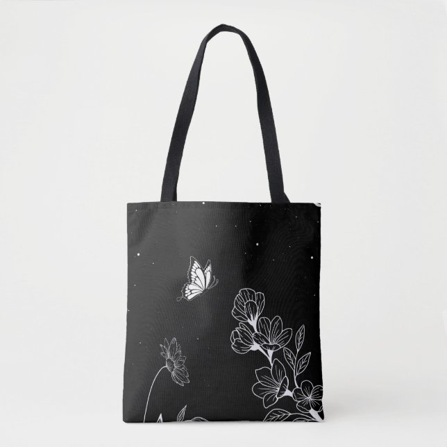 Tote Bag Papillon noir et blanc et fleurs à l'art nocturne (Devant)