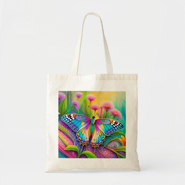 Tote Bag Papillon psychédélique coloré et Fleur sauvage (Devant)