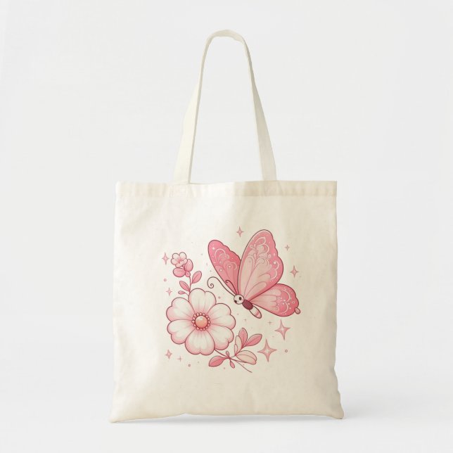 Tote Bag Papillon rose et fleurs (Devant)
