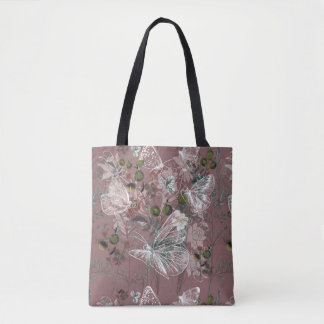 Tote Bag Papillon rose poussiéreux rose mauve floral