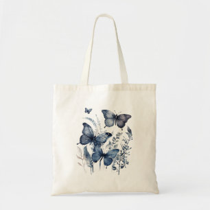 Tote Bag Papillons d'art Delft bleu et blanc avec fleurs