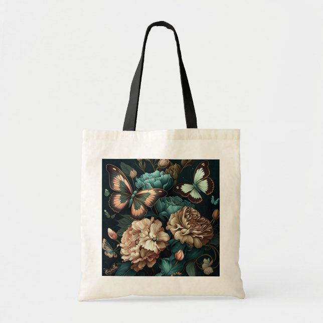 Tote Bag Papillons et fleurs design classique foncé (Devant)