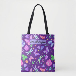Tote Bag Papillons et libellules à fleurs violettes et rose