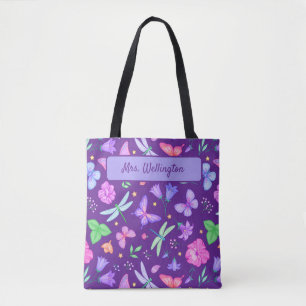 Tote Bag Papillons & Libellules fleurs violettes et roses