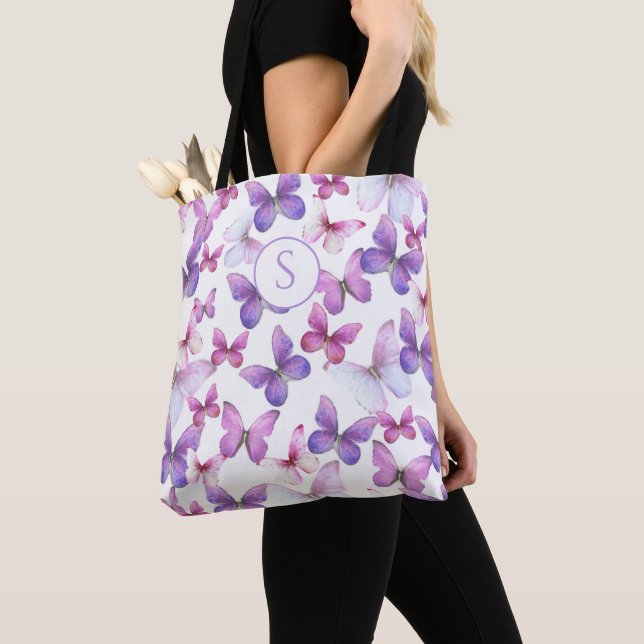 Tote Bag Papillons rose et violet Monogramme personnalisé (De près)