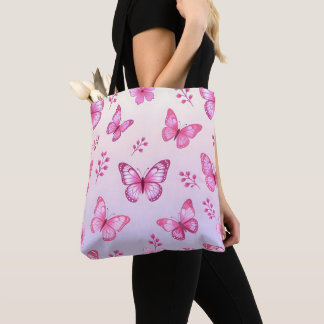Tote Bag Papillons roses et motif de fleurs