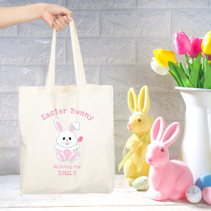 Tote Bag Pâques Bunny Pink Tulip Nom personnalisé Fêtes