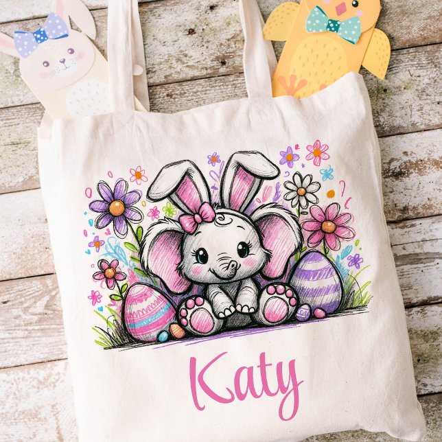 Tote Bag Pâques Enfants Nom Filles Lapin Éléphant (Elephant Girls Easter Tote)