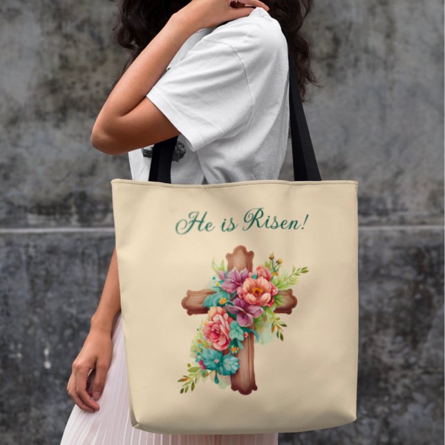 Tote Bag Pâques "Il est ressuscité" Croix florale (Créateur téléchargé)