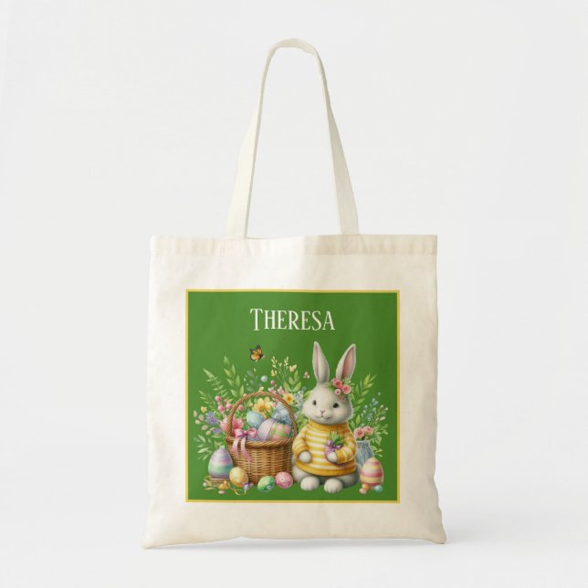 Tote Bag Pâques lapin filles aquarelle ajouter nom chasse a (Devant)