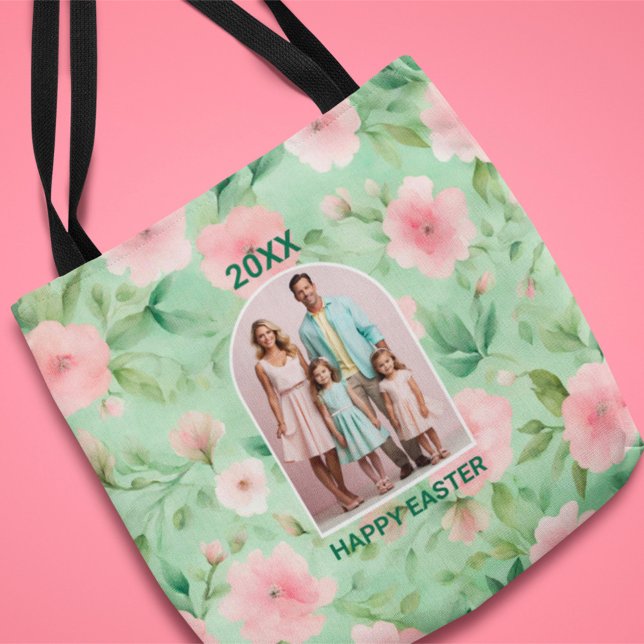 Tote Bag Pâques Photo personnalisée Pastel Rose & Flore ver (Créateur téléchargé)