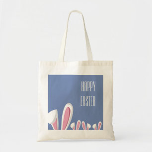 Tote Bag Pâques roses oreilles lapin sur le bleu, Joyeux Fo