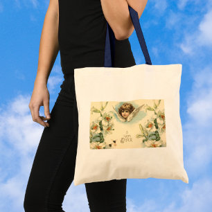 Tote Bag Pâques vintage, fleurs de lys victoriennes et ange