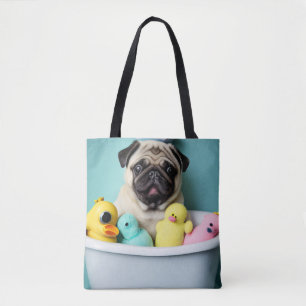 Tote Bag Paradis du Pug : Une Beauté au Bain dans la Baigno