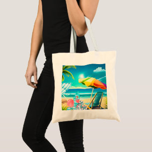 Tote Bag Parapluies de plage d'été, planche de surf et arbr