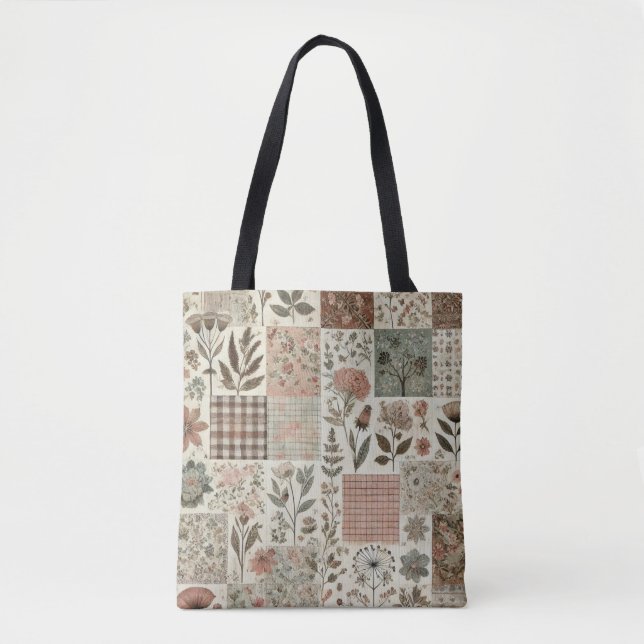 Tote Bag Parcelle & Patchwork en terre cuite rose et verte  (Devant)