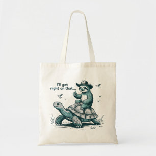 Tote Bag Paresseux à cheval sur une tortue humour je vais m