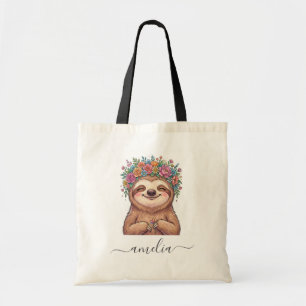 Tote Bag Paresseux Floral Mignon Personnalisé avec Couronne