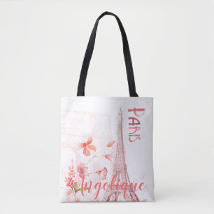 Tote Bag Paris Scène et Fleurs roses Personnalisées