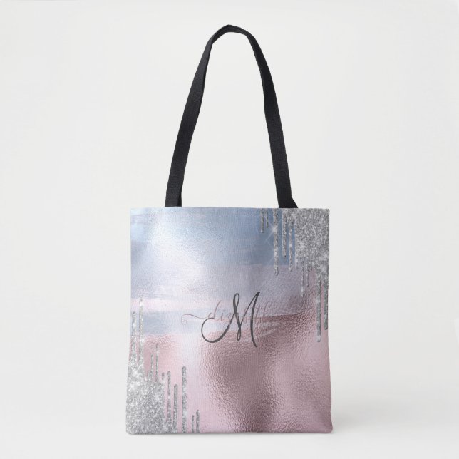Tote Bag Parties scintillant argent gouttes Rose bleu métal (Devant)