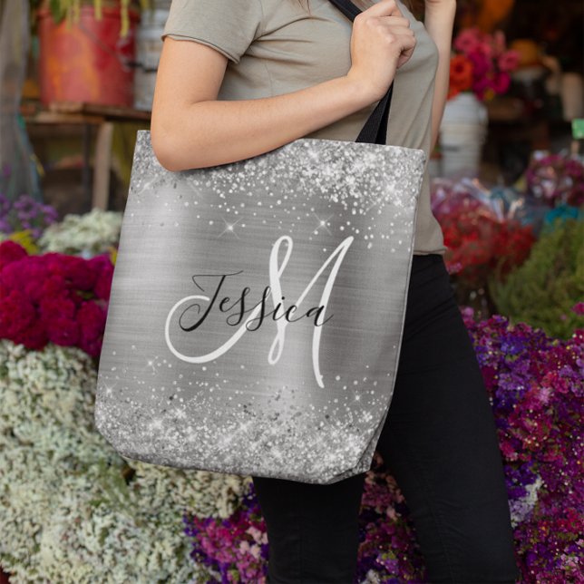 Tote Bag Parties scintillant d'argent et Foil Girly Monogra (Silver Glitter and Foil Girly Monogrammed Tote Bag)