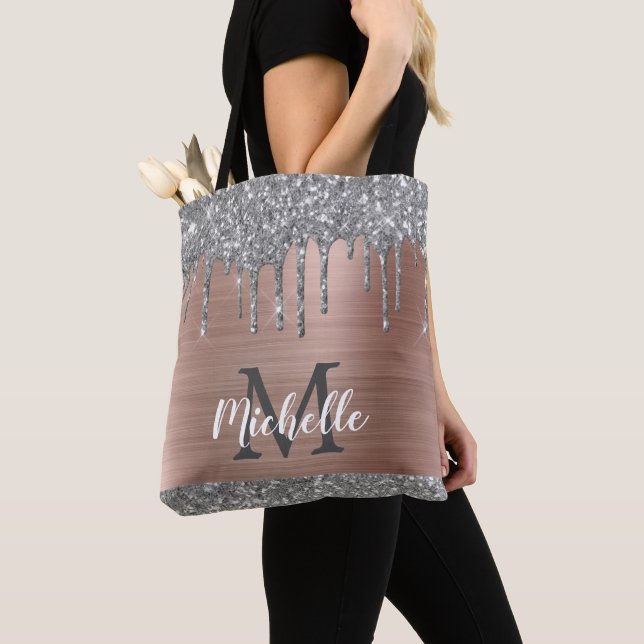 Tote Bag Parties scintillant d'argent Rose Monogramme métal (De près)