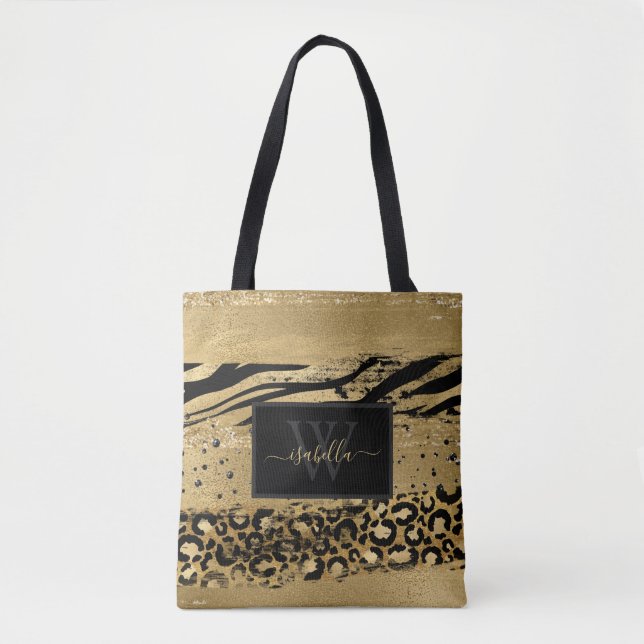 Tote Bag Parties scintillant d'or Monogramme moderne Script (Devant)