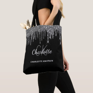 Tote Bag Parties scintillant en argent noir gouttes initial