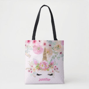 Tote Bag Parties scintillant en or rose Unicorne Fleurs Vis