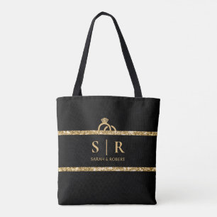 Tote Bag Parties scintillant noir et or Monogramme Mariage 